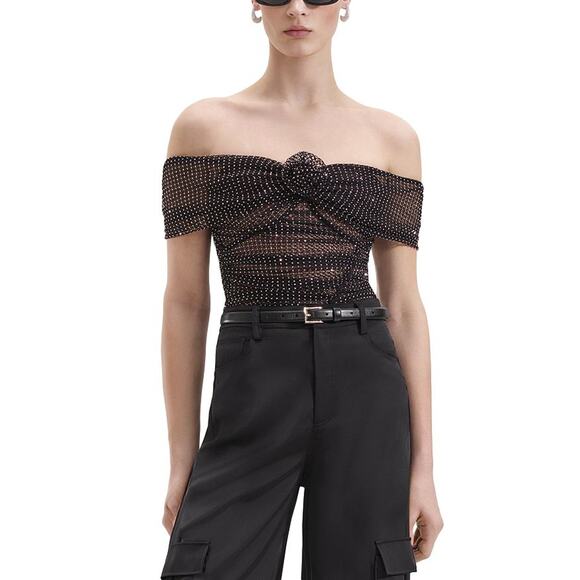 Self-Portrait Off-The-Shoulder Black Polyester Embellished Fishnet Top Size 12 - Picture 1 of 4